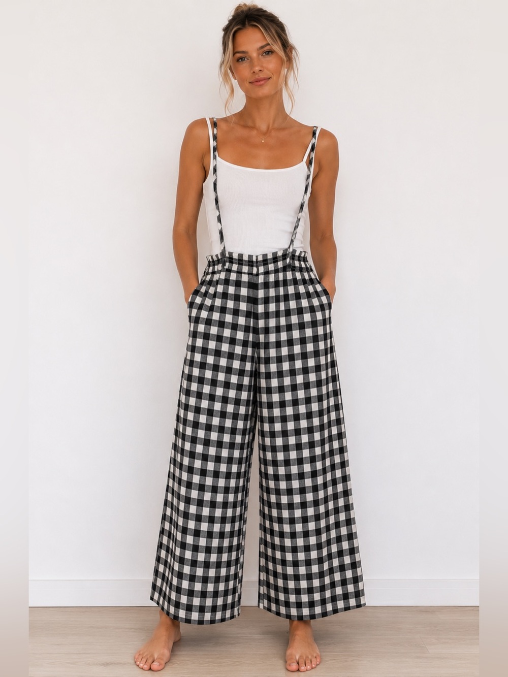 POL Black & White Gingham Wide-Leg Pants size Small